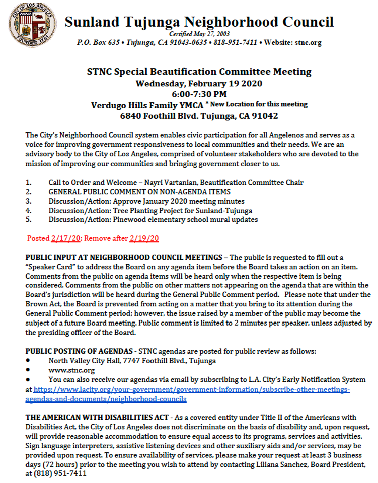 Sunland Tujunga Neighborhood Council - Special Beautifcation Committee Meeting