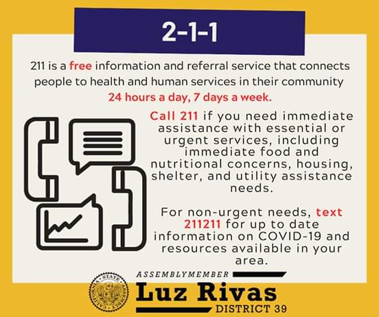 From Assemblymember Luz Rivas Desk - 211 Vital Service