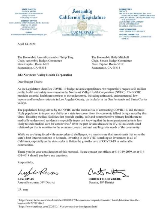 Senator Bob Hertzberg and Assemblymember Luz Rivas have Submitted a Joint Letter Requesting State Funding for NEHVC of up to $1 million