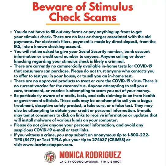 Coumcilwoman Monica Rodriguez  - Beware og Stimulus Check Scams