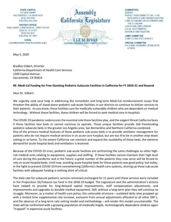 Assemblymember Luz Rivas - Pediatric Subacute Facilities