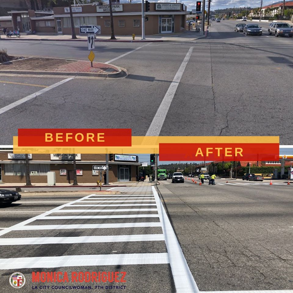 install new continental crosswalks at the intersection of Laurel Canyon Boulevard and Brand Boulevard