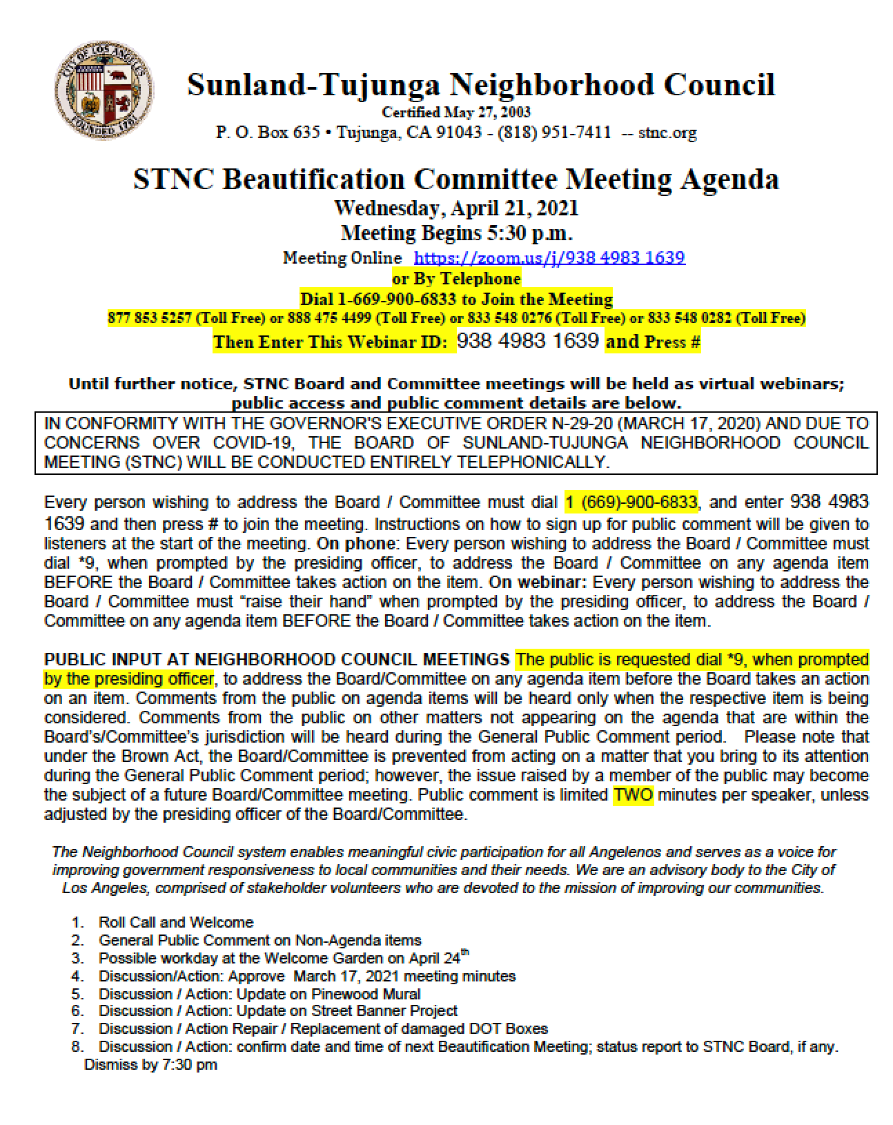 STNC Beautification Committee Meets Wednesday, April 21 