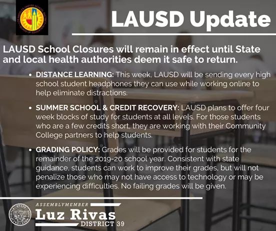 From Assemblymember Luz Rivas Desk - Los Angeles Unified School District UPDATE