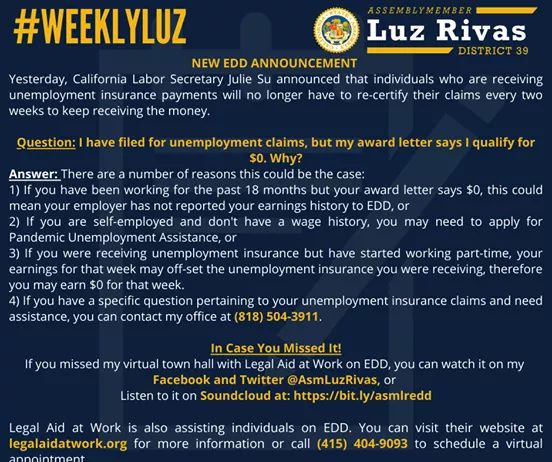 Assemblymember Luz Rivas  - #WeeklyLuz - If You Missed My Virtual Town Hall with Legal Aid at Work 