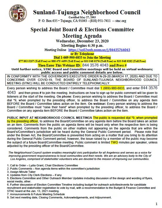 From Sunland Tujunga Neighborhood Council STNC - STNC Special Joint Board + Elections Committee  