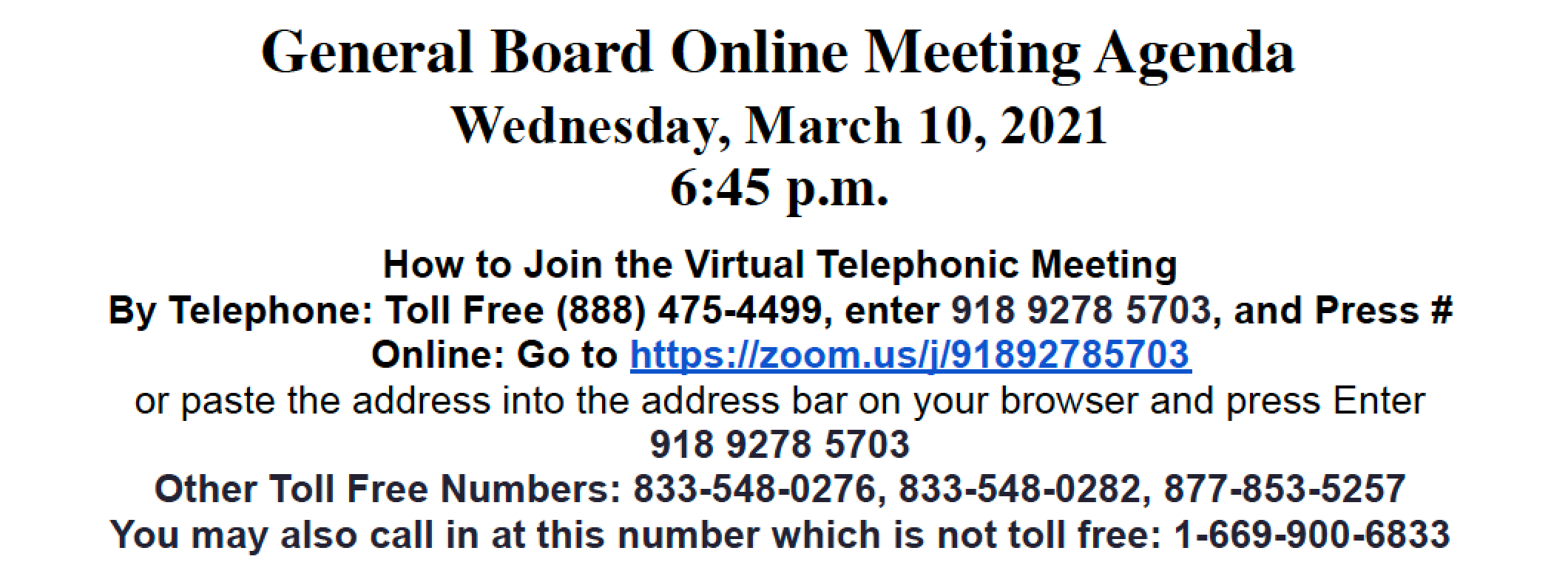 General Board Online Meeting Agenda 
