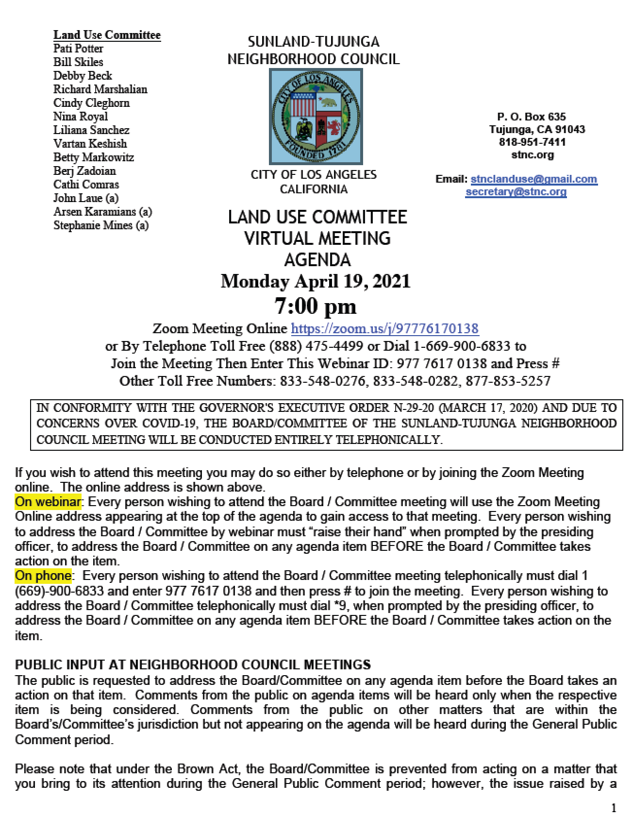 STNC Land Use Committee Meeting Monday, April 19 