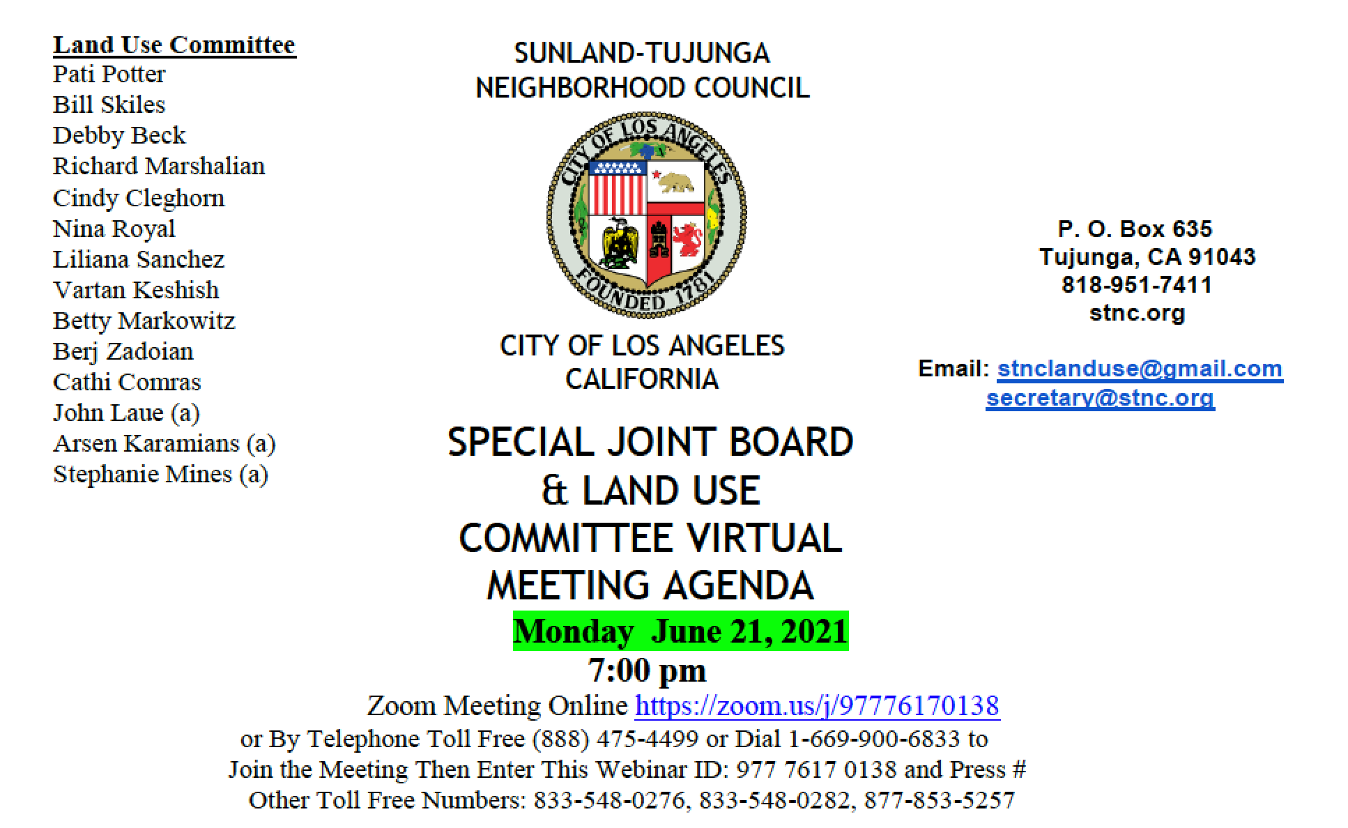 STNC Land Use Committee Meeting Tonight @ 7 PM 