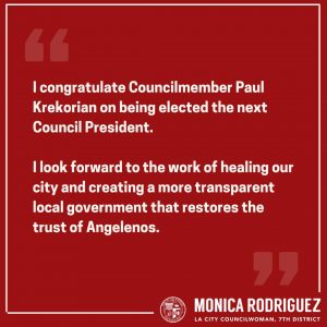 My statement on Councilmember Paul Krekorian's election as Council President