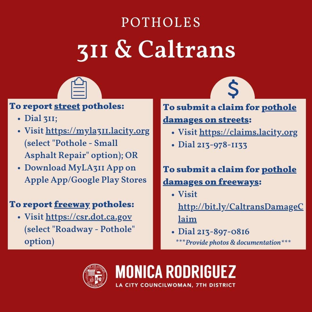 For Street Potholes, Please Submit a Report to 311