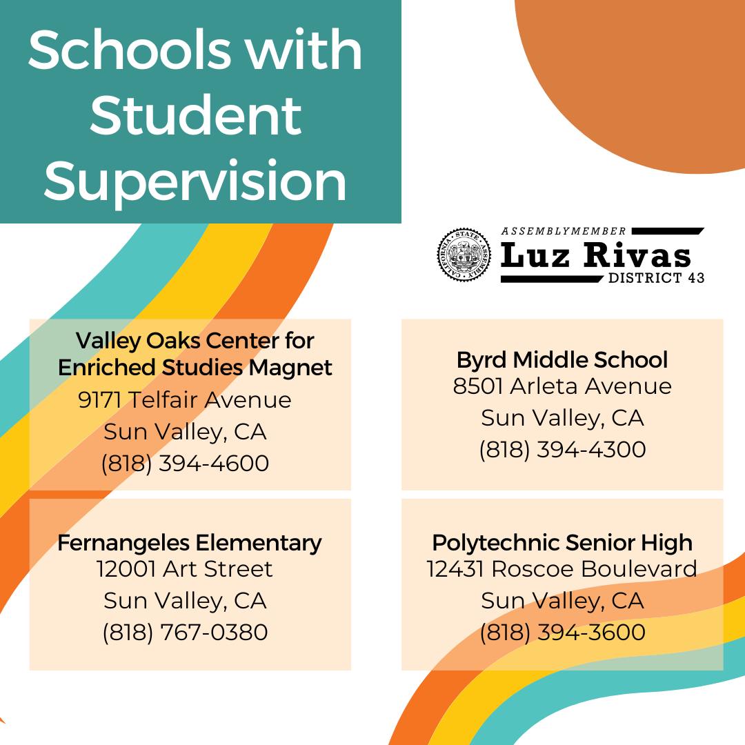 Student Supervision will be Provided at Select Elementary